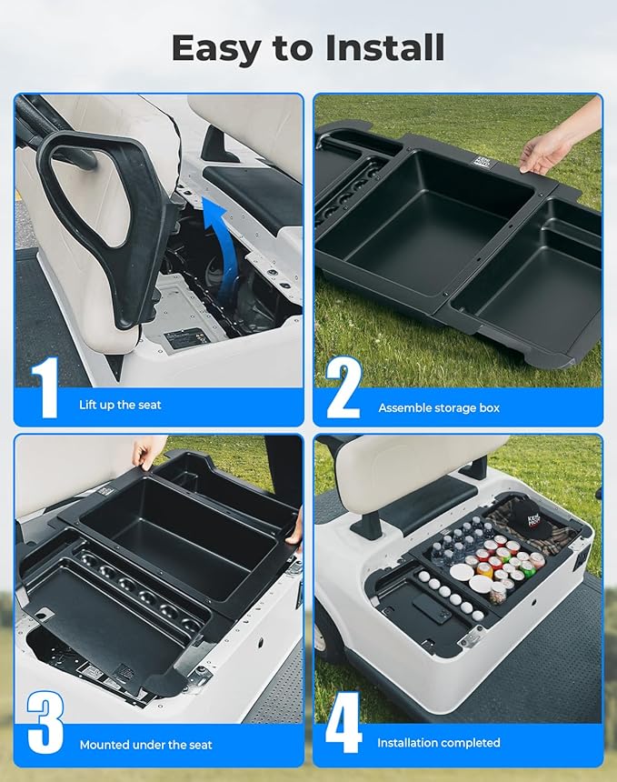 KEMIMOTO Upgraded Golf Cart Under Seat Storage Tray Compatible with EZ-GO RXV Elite Golf Carts, Durable ABS Underseat Organizer, 110 Lbs Capacity, Black