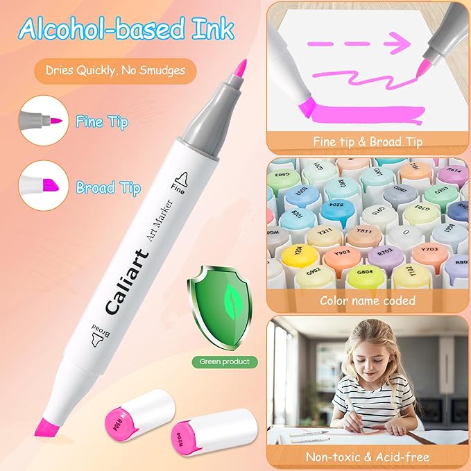 Caliart Pastel Markers, 61 Colors Dual Tip Art Markers Sketch Pens Permanent - Image 2