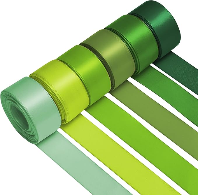 1 Inch Green Satin Ribbons for Crafts, 6 Rolls Single-Faced Green Assorted by Jacriah