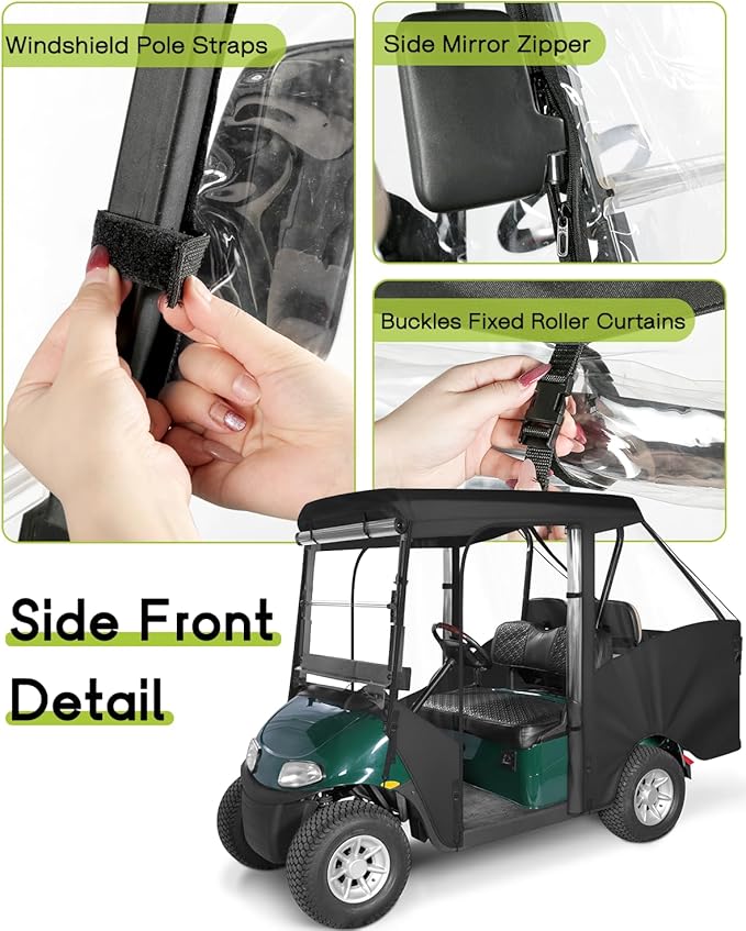 4 Passenger Golf Cart Enclosure for EZGO RXV Short Roof 2+2 4-Seater Waterproof Windproof Driving Rain Cover 4-Sided Clear Windows Roll-up Door Black