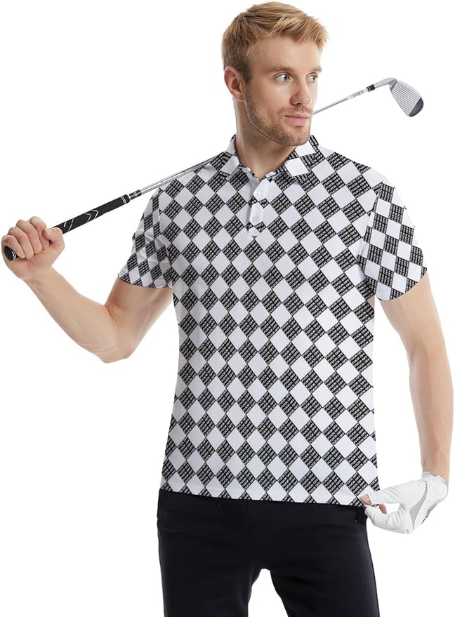 HUURAY Funny Golf Polos for Men Funny Print Short Sleeve Shirts Quick Dry Polo Shirts Hawaiian Shirt Performance Golf Outfits