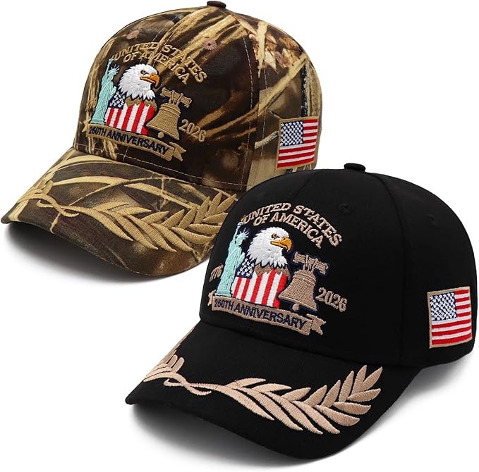 2 Pack 250 Anniversary USA Hat Embroidered Eagle & Liberty，Adjustable Patriotic American Flag Baseball Caps for Men Women