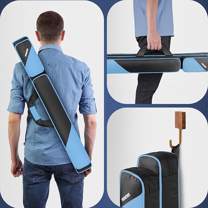 PEKREWS Pool Cue Case, Pool Stick Case 2x2 Holds 2 Sticks with 2 Accessory Zipper Pockets, Sturdy Polyester Pool Cue Carry Bag with Shoulder Strap Handle, Soft Billiard Cue Sling Bag for Men and Women