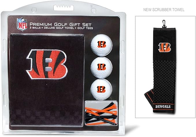 Team Golf NFL Cincinnati Bengals Gift Set: Embroidered Golf Towel, 3 Golf Balls, and 14 Golf Tees 2-3/4" Regulation, Tri-Fold Towel 16" x 22" & 100% Cotton