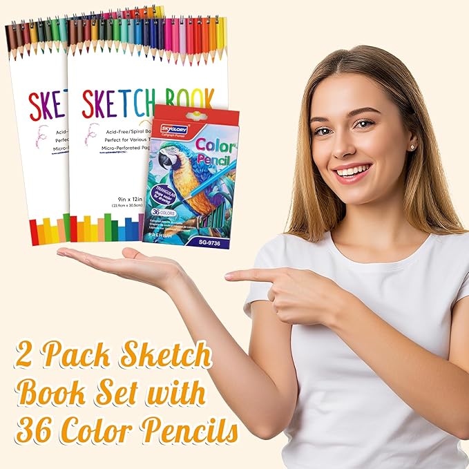 2 Pack Sketch Book with 36 Color Pencil Set, Spiral Kids Sketchbook - Image 7