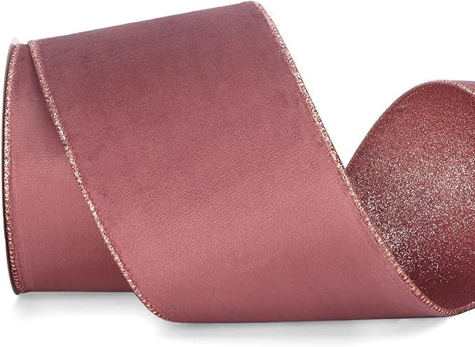 Ribbli Rose Gold Velvet Wired Ribbon 4 Inch Dusty Rose Velvet by Ribbli