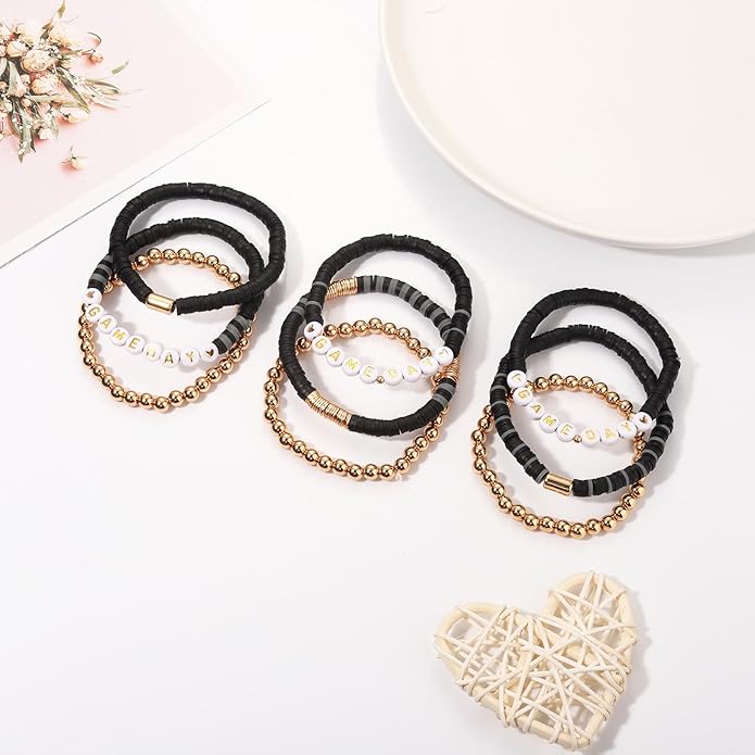 NLCAC 9 Pack Game Day Bracelets Stackable Heishi Beaded Stretchy Bracelet Preppy Jewelry Baseball Football Team Bracelets Sports Fan Accessories Gifts