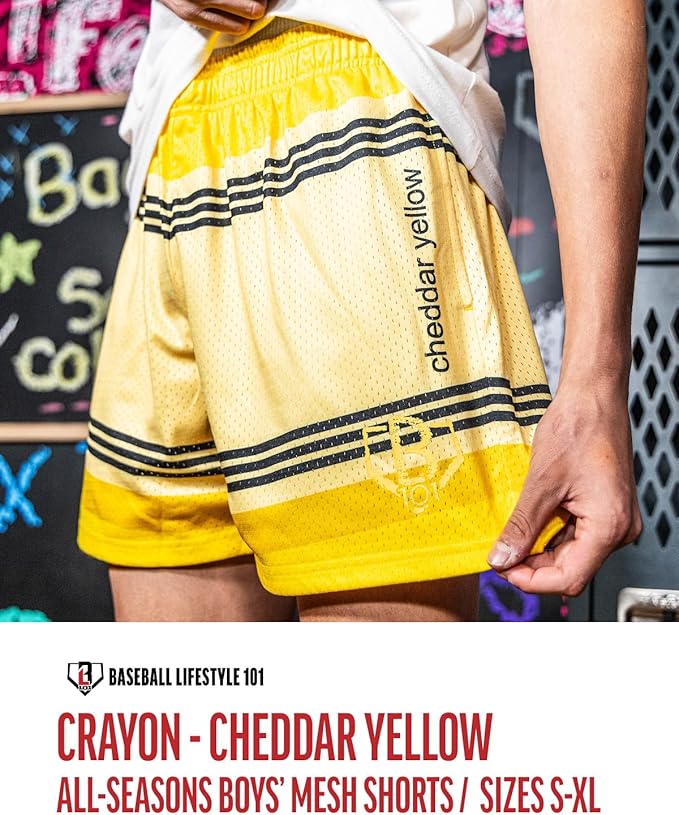 Baseball Lifestyle 101 Boy's Crayon Mesh Shorts w/Side Pockets and Elastic Waist, 5 in Inseam, Youth Sizes S-XL