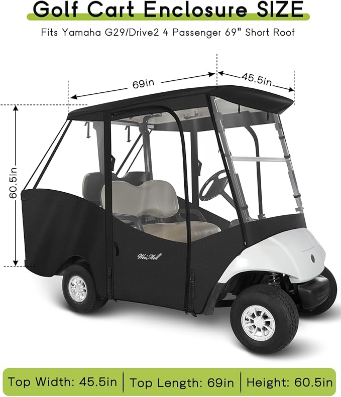 4 Passenger Golf Cart Enclosure for Yamaha G29 Drive 2 Short Roof 2+2 4-Seater Waterproof Windproof Driving Rain Cover 4-Sided Clear Windows Roll-up Door Black