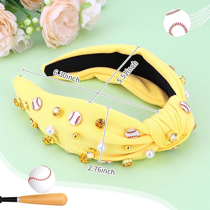 Baseball Headbands for Women Crystal Baseball Embellished Wide Top Knot Headband for Women Game Day Hair Accessories (Yellow)