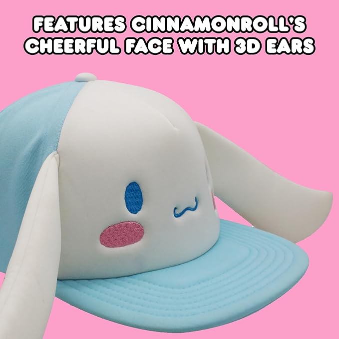 Hello Kitty Baseball Cap, Women's Snapback Hat with Flat Brim and 3D Ribbon and Ears