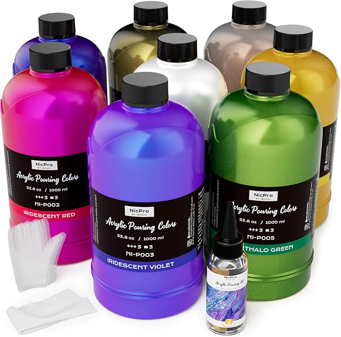 Nicpro 8 Colors 33.8 oz Large Bulk Iridescent Acrylic Pouring Paint Supplies Kit by Nicpro