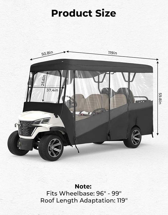 KEMIMOTO Golf Cart Enclosure, 6 Passenger Golf Cart Rain Cover, 600D Waterproof Driving Enclosure with Clear PVC Windshield for Extended Roof Golf