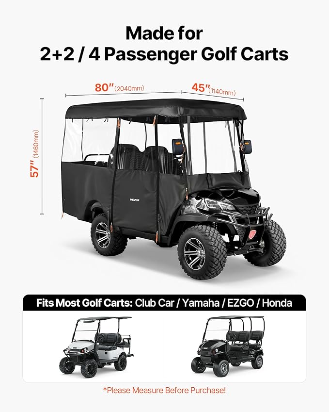 VEVOR Golf Cart Cover, Visible Full-Enclosure 2+2/4 Passenger Golf Cart, 420D Waterproof Oxford Fabric Club Car Cover Fits Most Carts Club Car, Yamaha, EZGO, Honda, PVC Coating & Windproof Hook Design