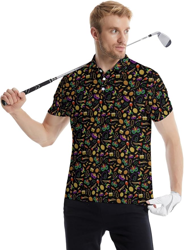 HUURAY Funny Golf Polos for Men Funny Print Short Sleeve Shirts Quick Dry Polo Shirts Hawaiian Shirt Performance Golf Outfits