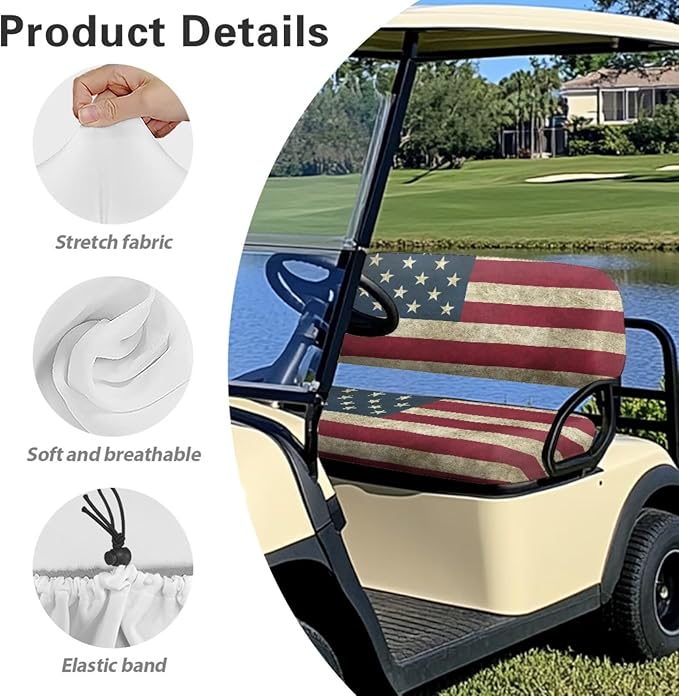 Yewatlles Retro American Flag Golf Cart Seat Covers Kit, Fit for Club Car Precedent Ordinary Front Seat Cushion, Golf Cart Polyester Seat Cover, No Nails Required