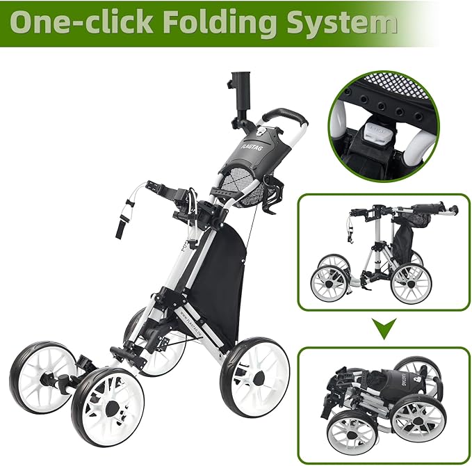FLAGTAG Golf Push Cart 4-Wheels,Folding Golf Cart, Golf Pull cart with Cup Holder,Umbrella Holder,Cooler Bag, Foldable with one-Click,Handle Height Adjustable,Drink Holder,Walking Push cart