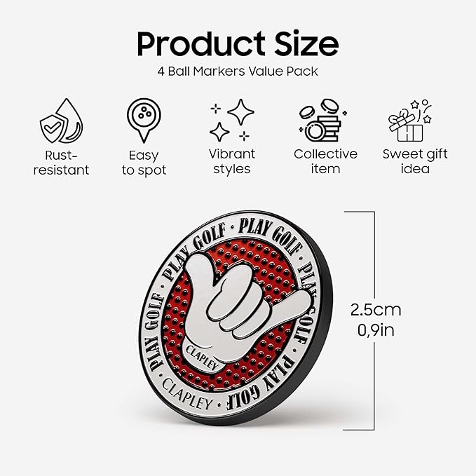 Clapley Ball Markers, Premium Gift Box Set for Golfer, 4pcs Stainless Steel & Oven-Cured Enamel, Eye-catching & Easy to spot, Pair with Magnetic Glove & Clip