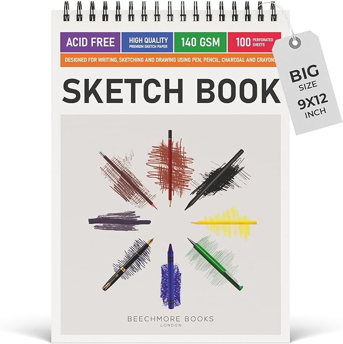 BEECHMORE BOOKS 9x12 Spiral Sketchbook – 140 GSM Acid-Free Paper, 100 by BeechmoreBooks