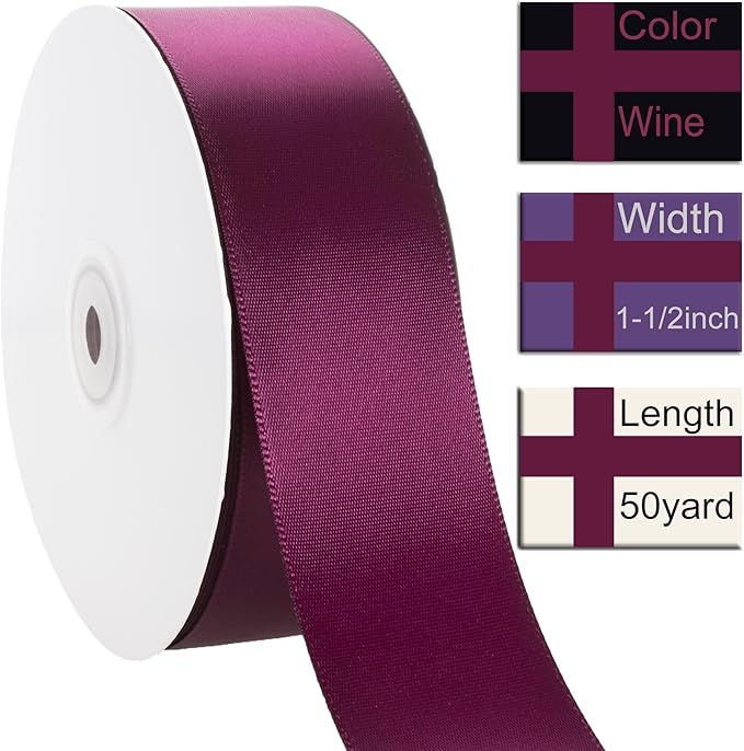 1-1/2 Inch Wine Ribbon, 50 Yards Craft Polyester Satin Ribbon Perfect - Image 2
