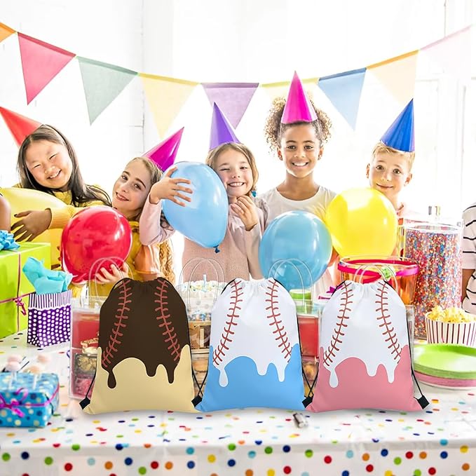 12 Pcs Baseball Drawstring Bag, Ice Cream Drip Baseball Bag, Sport Party Gifts Bags, Lightweight Sports Yoga Storage Drawstring Backpack, Sport Theme Birthday Party Supplies