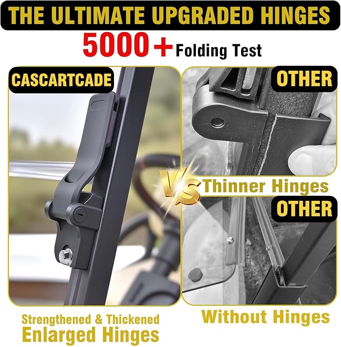(3rd Gen HINGE) EZGO Golf Cart Windshield, 3/16" (5MM) Thickened PC Ezgo TXT Windshield Replacement Fits 1994 to 2013 Ezgo TXT and Medalist, Heavy Duty Hinge, Foldable, Pre-installed Fits 3/4" Rail