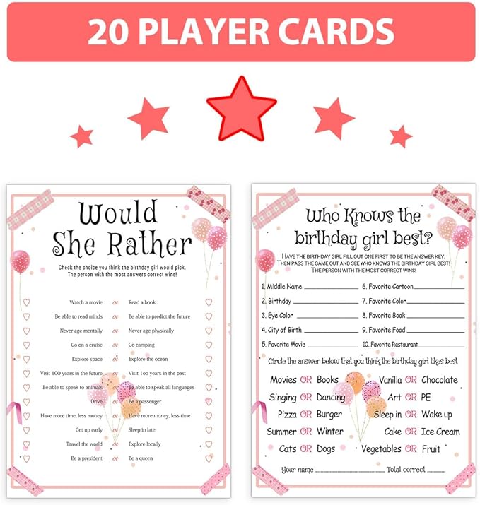 ALodr 20 Pcs Who Knows the Birthday Girl Best, Would She Rather Games - Image 3