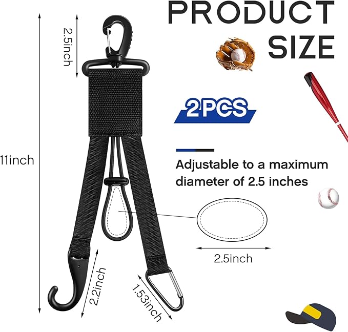 Deekin 2 Pcs Baseball Softball Gear Hanger 3 in 1 Dugout Organizer Bat Holder with Glove Clip and Helmet Hook for Fence Bag Water Bottle Hiking Camping (Black)