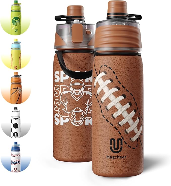 Football Water Bottle - 20oz Insulated Misting Water Bottles Stainless Steel 3D Textured - Football Accessories Gift for Kids