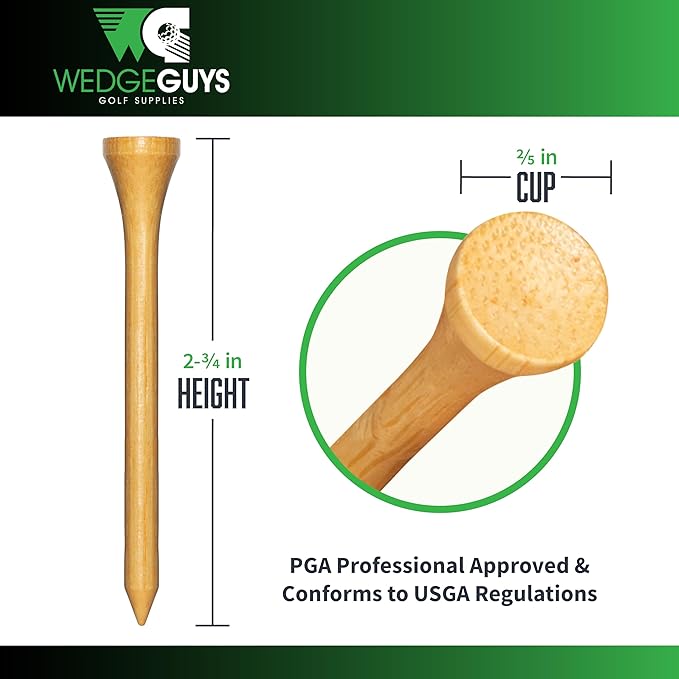 Wedge Guys Bamboo Golf Tees 2-3/4" & 3-1/4" | 100,250,500 or 1000 pcs. | Extra Durable & Stronger Than Wood Tees | Biodegradable & Less Friction | PGA Professional Approved, Golf Tees Bulk Bag