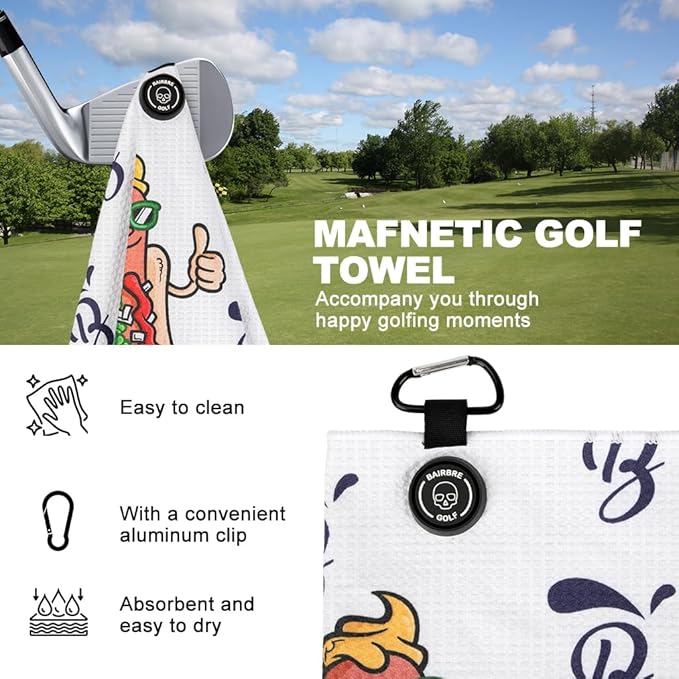 Golf Towel Magnetic Towel for Bags with Clip for Men & Women，Microfiber Fabric Waffle Pattern Golf Towels for Strong Hold to GolfCarts or Clubs (White Hotdog)
