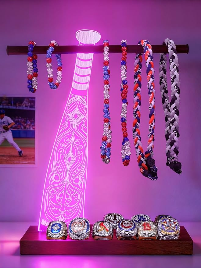 CoolGift Mart Light up Baseball Necklace Hanger and Championship Ring Display Stand, Acrylic Wooden LED Night Lamp with USB Powered, Gift for Baseball Softball Players Lovers