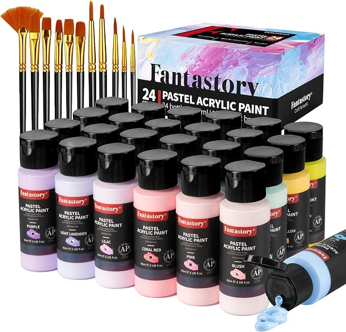 Fantastory Pastel Acrylic Paint Set+12 Brushes, 24 x 2oz Pastel Colors Art - Image 7