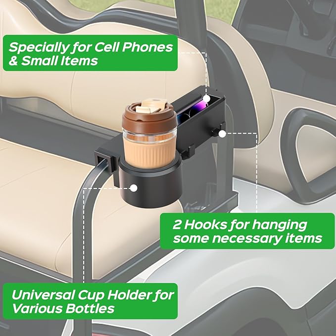 Golf Cart Armrest with Cup Holder - Universal Fit for EZGO/Club Car/Yamaha Rear Seat, Fits 1”/1.25” Square Tube Frames, Durable ABS Construction, Phone Holder, No Drilling