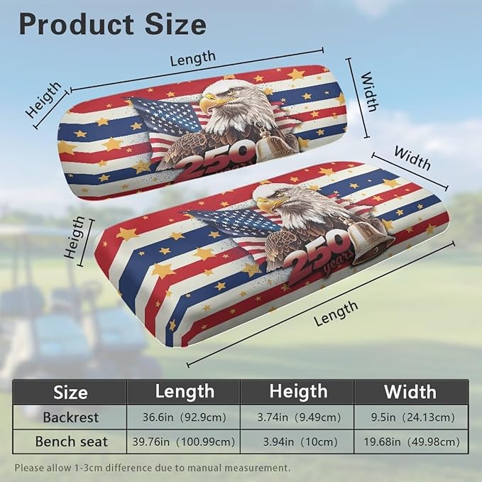 Bulopur 250 Years American Golf Cart Towel Seat Cover Non-Slip Breathable Golf Cart Cushion Cover and Backrest Cover 2 Pack Golfcart Accessory for Golfer Gifts