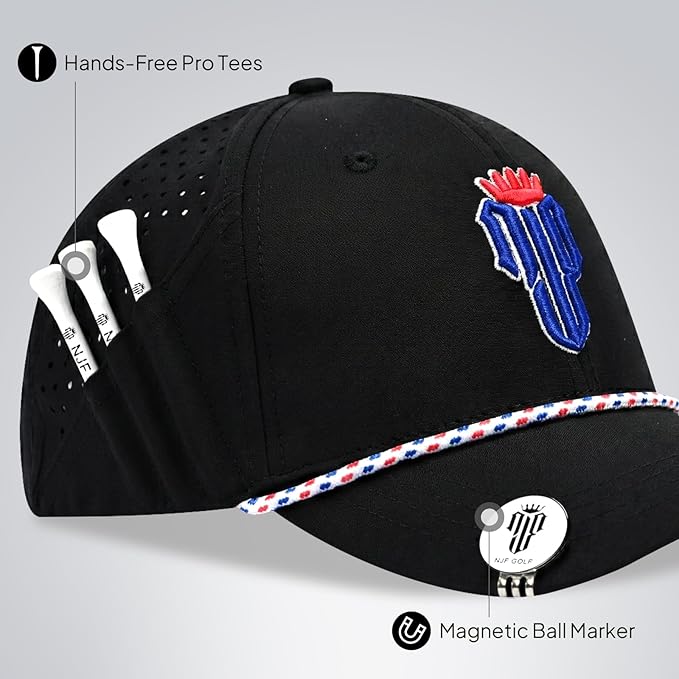 NJF Golf Hat Men - Breathable Mens Golf Hats, Adjustable Rope Hook and Loop Style Cap, Convenient Cap with Tee Holder