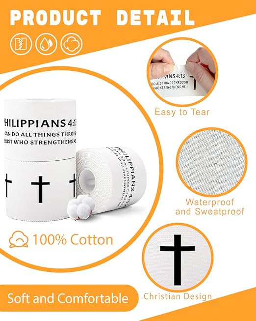 Yigney 4 Pack Christian Athletic Tapes Religious Sport Tape Bible Verse Wrist Tape Cross White Tape for Sports Gymnastics Tennis 2IN X 23FT