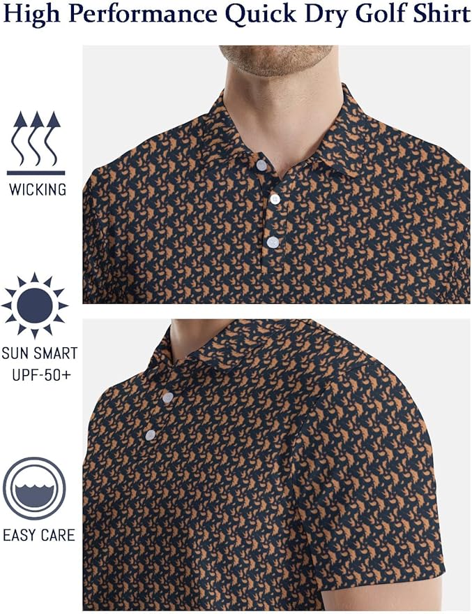 HUURAY Funny Golf Polos for Men Funny Print Short Sleeve Shirts Quick Dry Polo Shirts Hawaiian Shirt Performance Golf Outfits