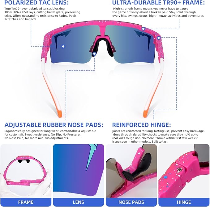 2-Sizes Kids Youth Baseball Sunglasses Men Women Vipers Sunglasses Softball Boys Girl True Polarization &UV Protection