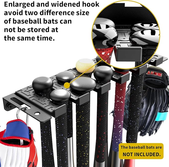 veimia Baseball Bat Holder Wall Mount, Baseball Bat Storage Rack, Holds 10 Bats on Wooden or Concrete Wall, Metal Bat Hanger with Fully Wrapped Rubber Mat, Bat Holder