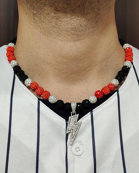 Baseball Necklace for Men 16/18/20 Inch Bling Ice Collection Lightning Bolt Pendant Necklace for Women Rhinestone Clay Beaded Discoball Accessories Gifts for Baseball Team Players Lovers