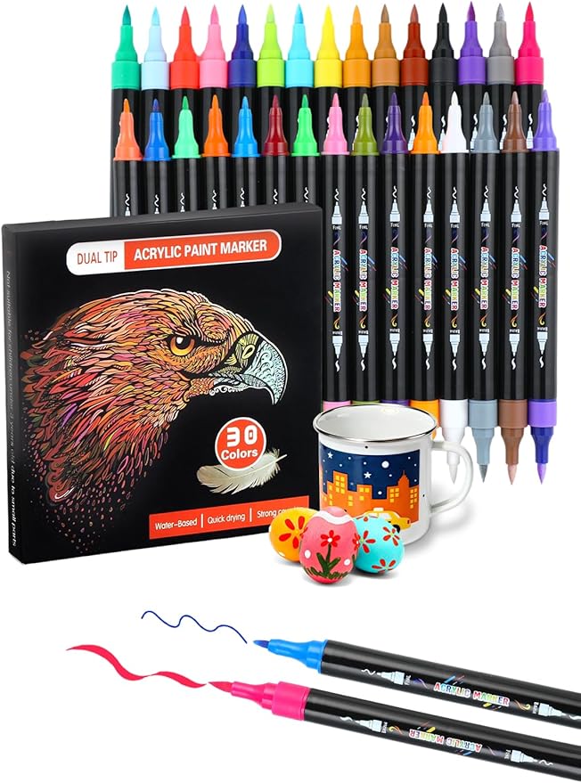30 Colors Acrylic Paint Pens, Dual Tip Acrylic Paint Markers by Brled