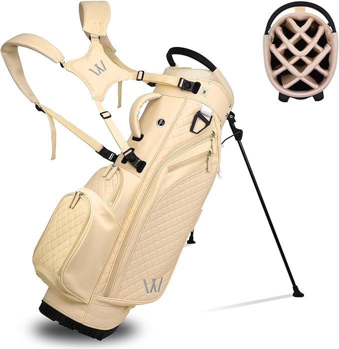 Luxury Womens Golf Bag, PU Leather Golf Stand Bag for Women/Ladies, 14-Way Full-Length Top Dividers, Ultra Lightweight, Large Pockets for Accessories