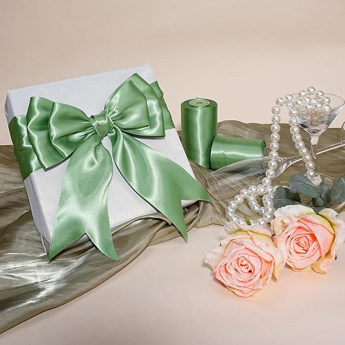 LaRibbons Sage Green Satin Ribbon 4 Inch 10 Yards Double Faced Luxury Light - Image 3
