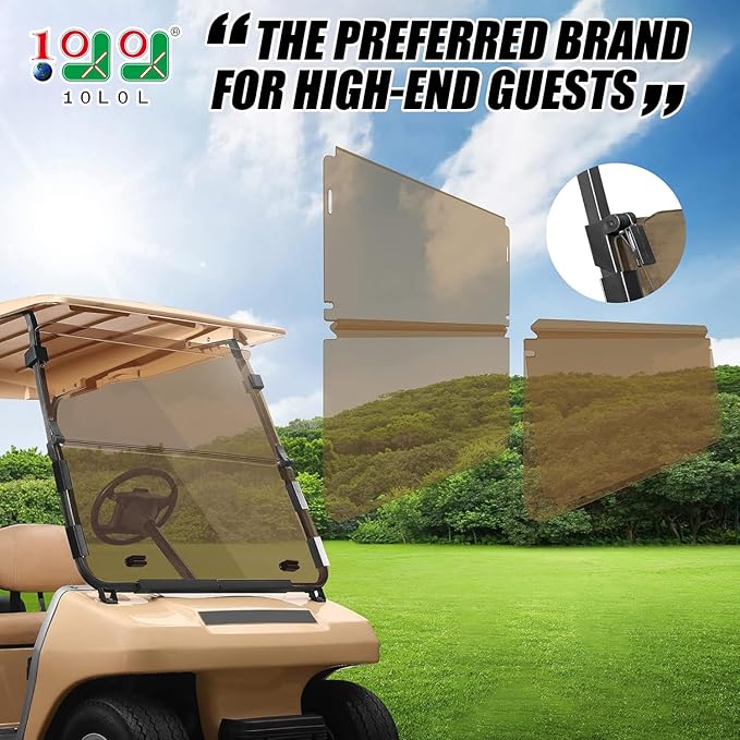 10L0L Foldable Golf Cart Windshield for Club Car DS, Impact Resistant Acrylic with UV Protection, Fits 1982-2000 Models (Brown)