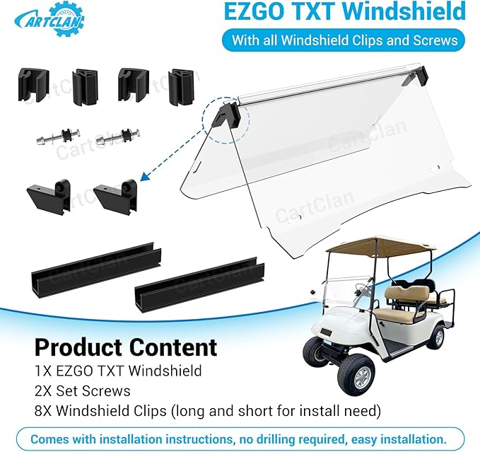 EZGO TXT Windshield, EZGO Windshield for Golf Cart Suitable for 1995-2013 EZGO TXT Model, PC UV Resistant, Foldable Golf Cart Windshield Replacement with Windshield Clips