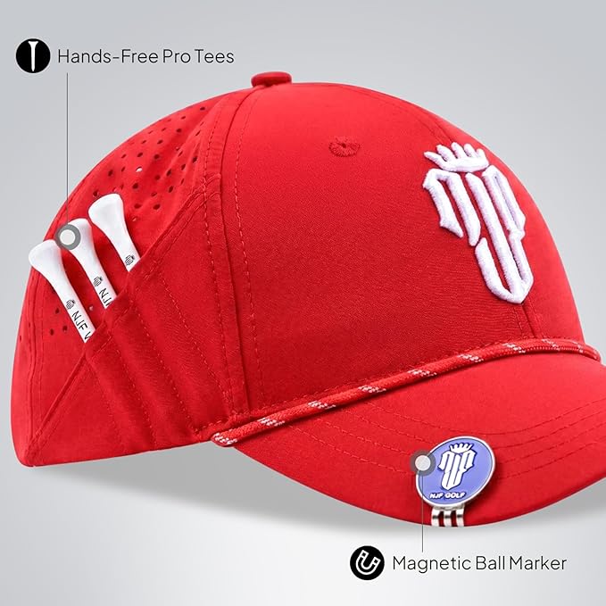 NJF Golf Hat Men - Breathable Mens Golf Hats, Adjustable Rope Hook and Loop Style Cap, Convenient Cap with Tee Holder