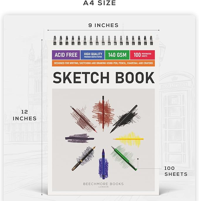 BEECHMORE BOOKS 9x12 Spiral Sketchbook – 140 GSM Acid-Free Paper, 100 - Image 4