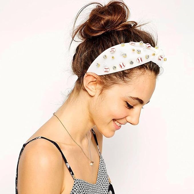 Baseball Headbands for Women Crystal Baseball Embellished Wide Top Knot Headband for Women Game Day Hair Accessories (White)