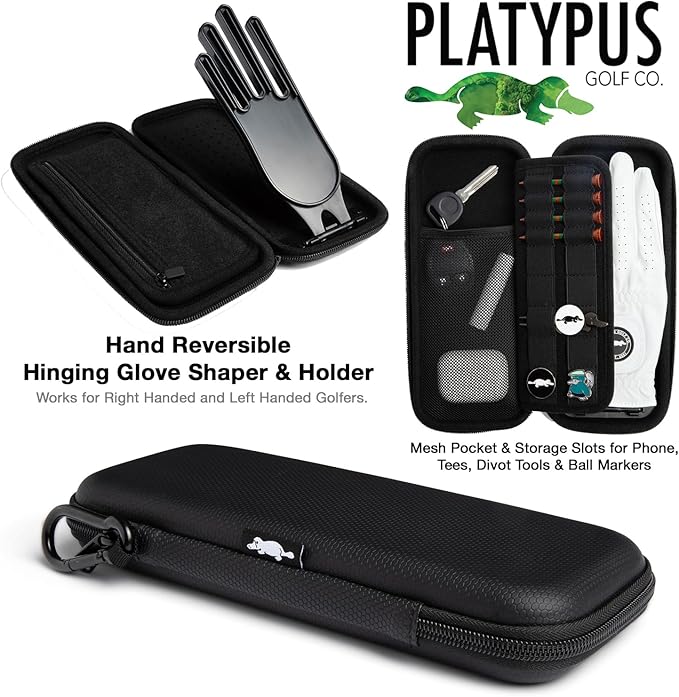 Platypus Golf Co. Golfing Caddie EVA Travel Case Organizer with Bamboo Tees & Ball Marker - Hand Reversible Hinging Glove Shaper & Holder, Mesh Pocket & Storage Slots, Golfers Cases for Men & Women